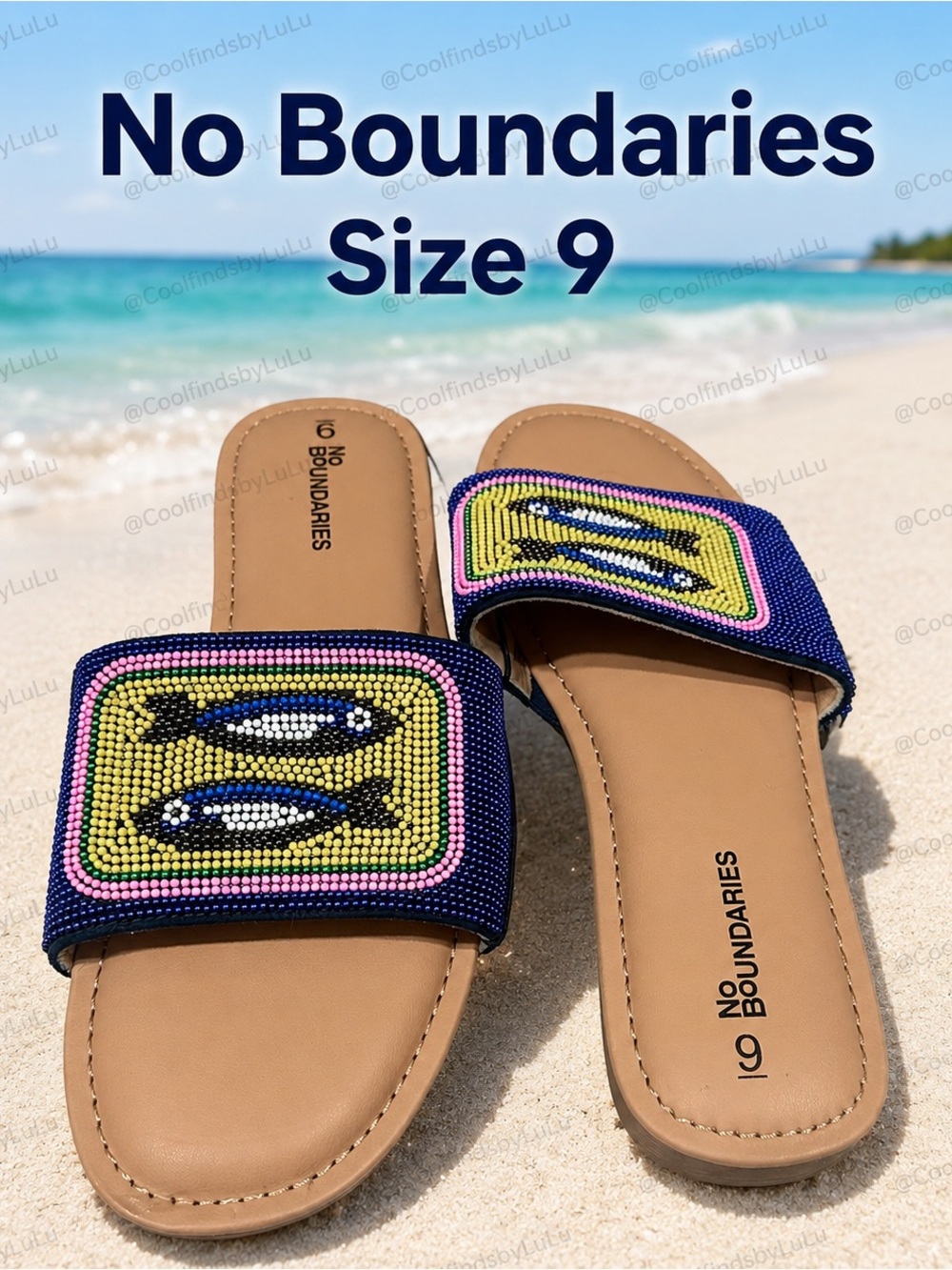 No Boundaries Navy Beaded Fish-Accent Slide Sandals size 9 NWOT